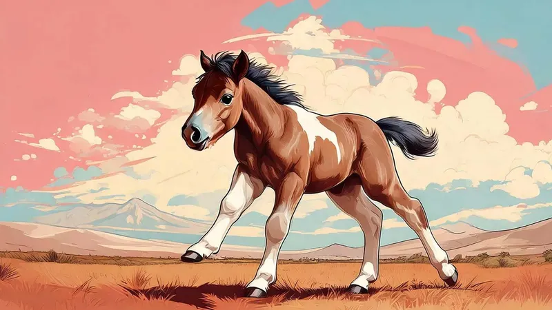 Comic illustration of a foal at a gallop against a pink sky