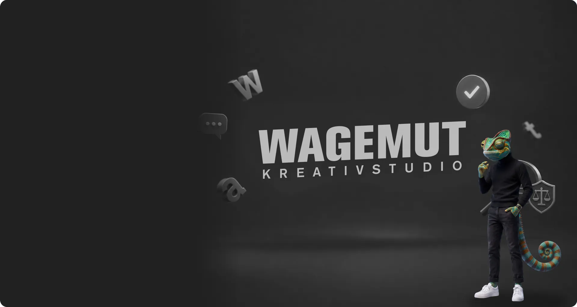 WAGEMUT chameleon next to the “WAGEMUT Kreativstudio” lettering, surrounded by letters and icons