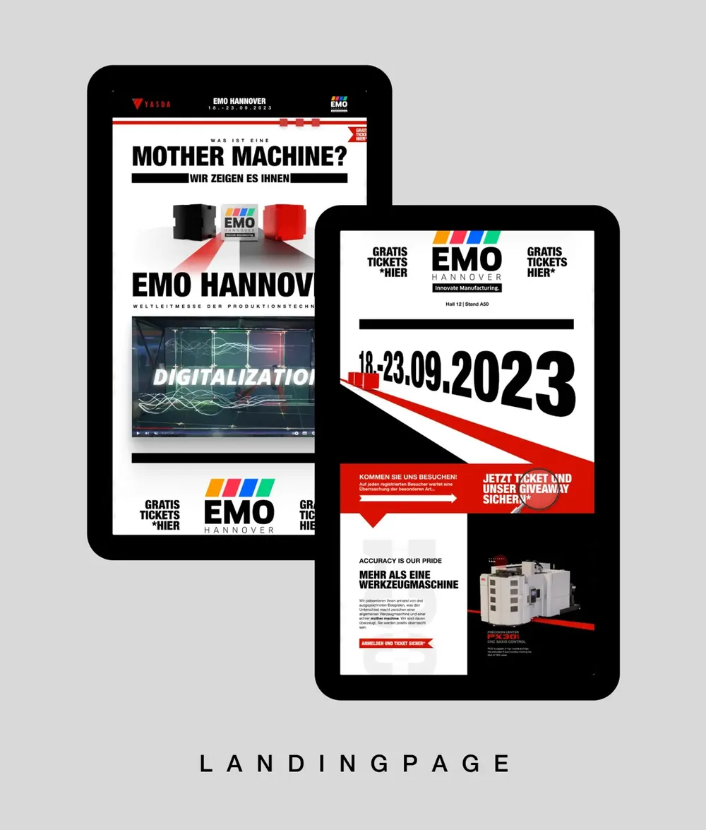 Two tablets showing the EMO landing page: “Mother Machine?” and the ticket promotion