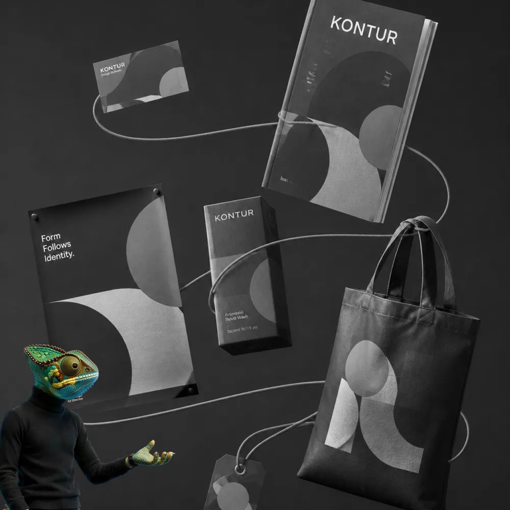 WAGEMUT-Chamäleon vor Markenanwendungen der Marke Kontur: Visitenkarte, Plakat, Verpackung und Tasche
