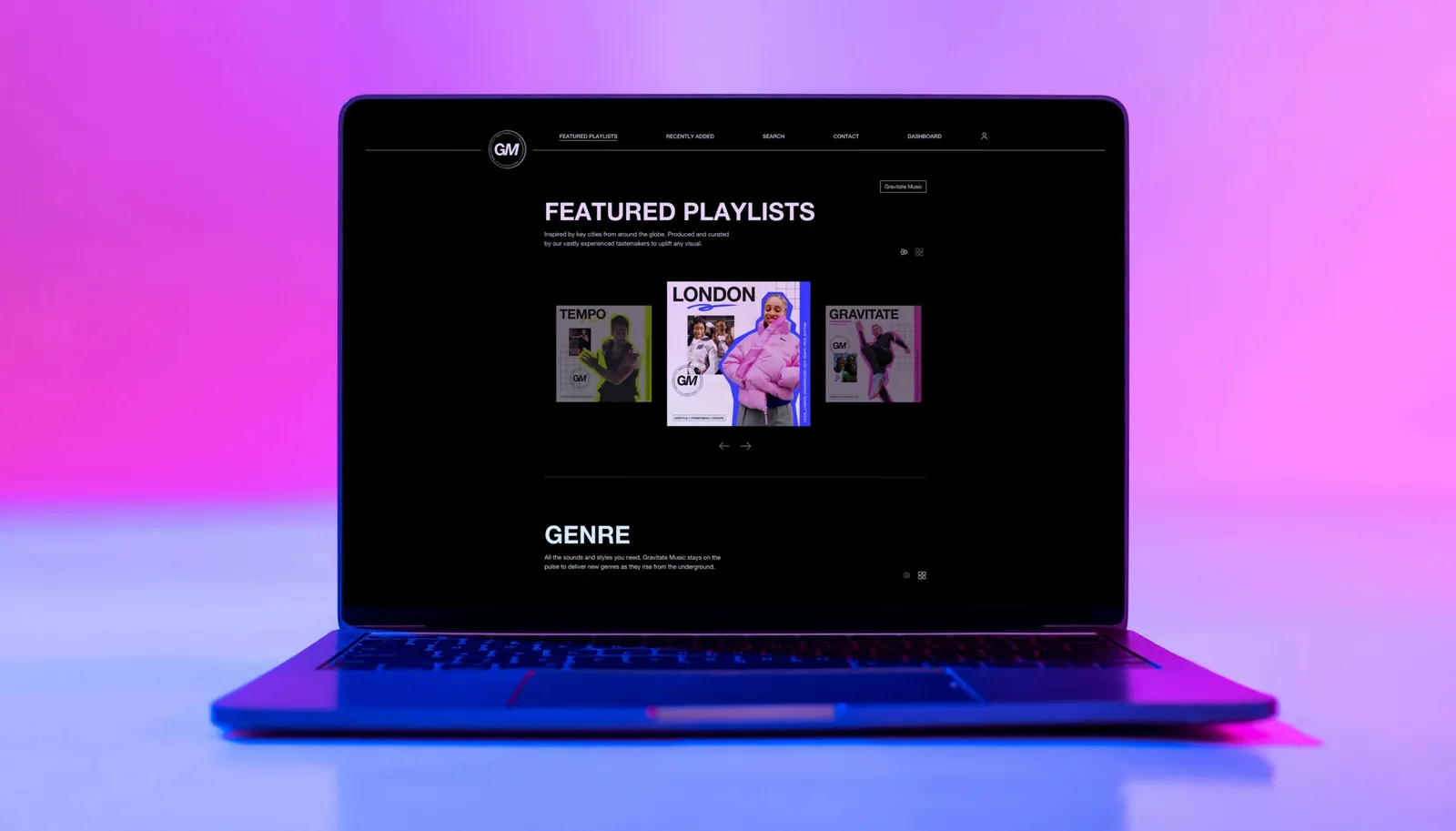 A laptop in neon light showing the platform's playlist overview