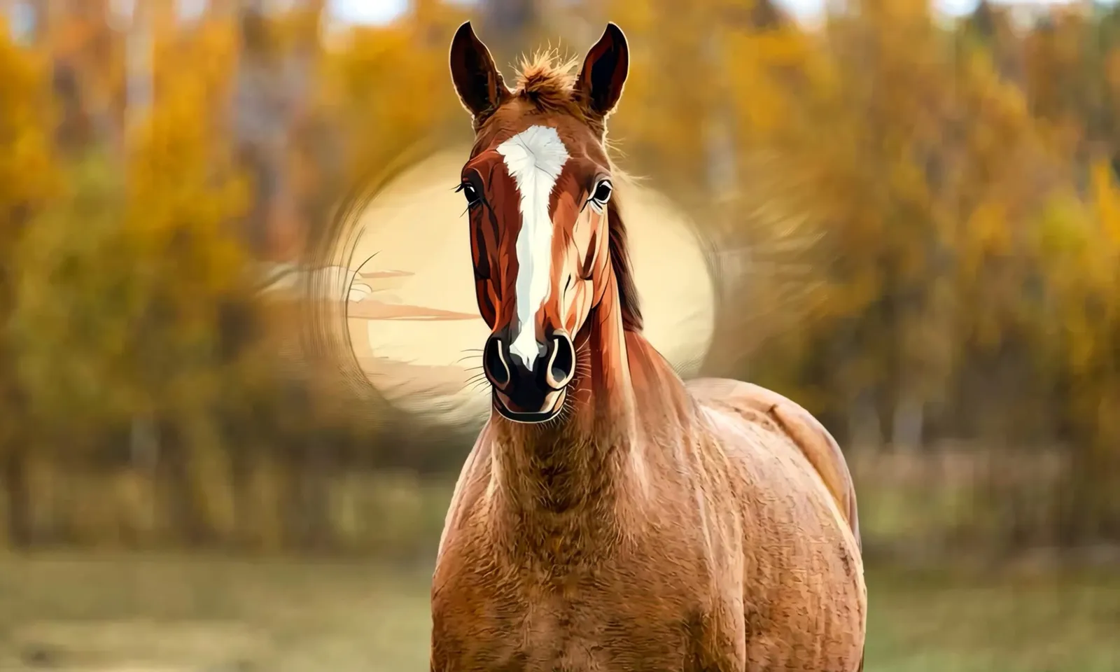 A photo of a chestnut horse in autumn leaves becomes a comic illustration