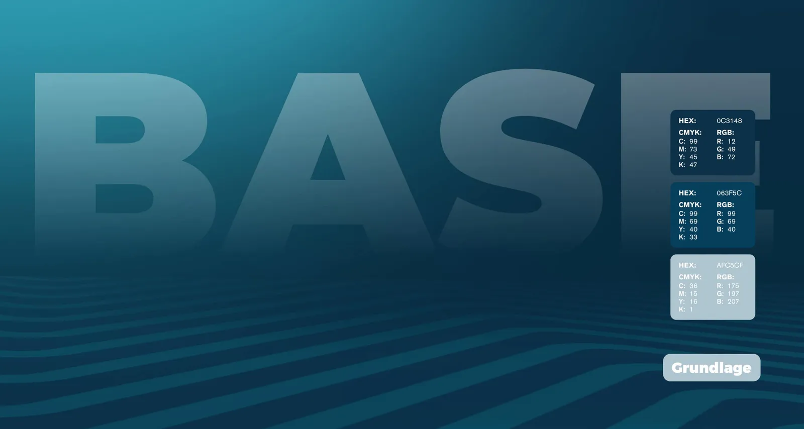 Color chart “Base” with three shades of blue and their hex, CMYK and RGB values