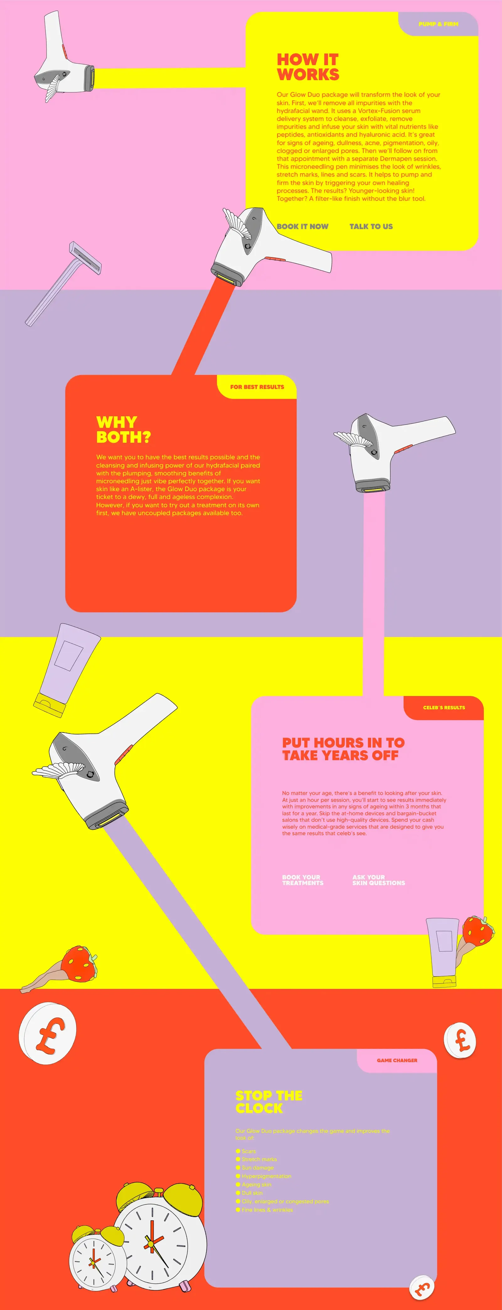 Stacked info cards in yellow, lilac and pink with headings such as “How it works” and “Stop the clock”