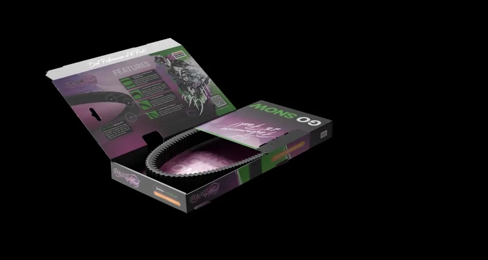 The premium packaging in green turns against a dark background