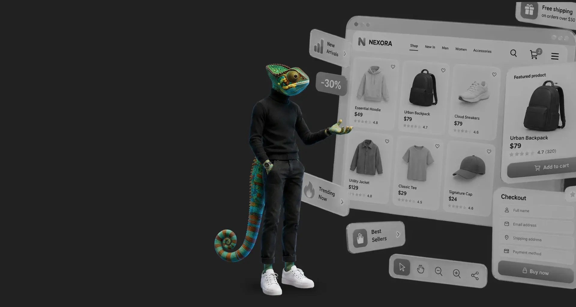 WAGEMUT chameleon in front of an online shop interface with product tiles, cart and checkout