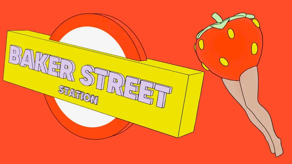 The sign of Baker Street Underground station, next to it a leg with a strawberry, as line art on red