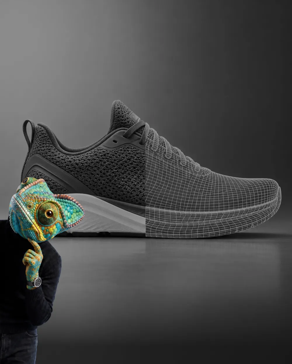 WAGEMUT-Chamäleon vor einem Sneaker, halb gerendert, halb Drahtgittermodell