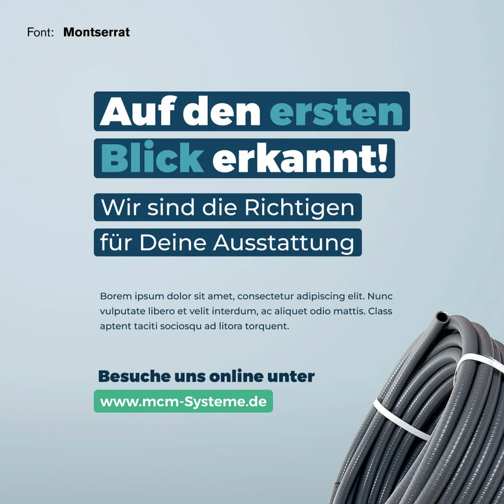 Type specimen: “Auf den ersten Blick erkannt!” next to a coiled hose