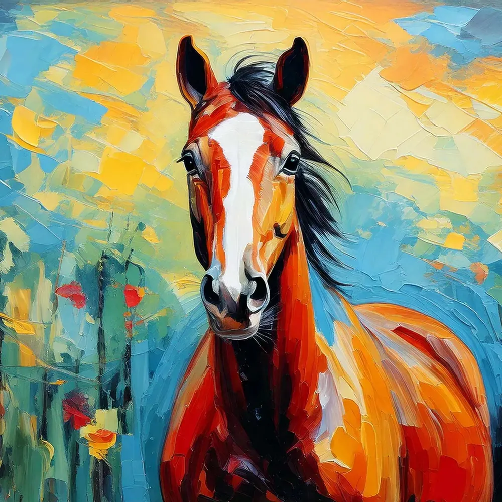 Acrylic painting of a horse’s head in bold palette-knife areas