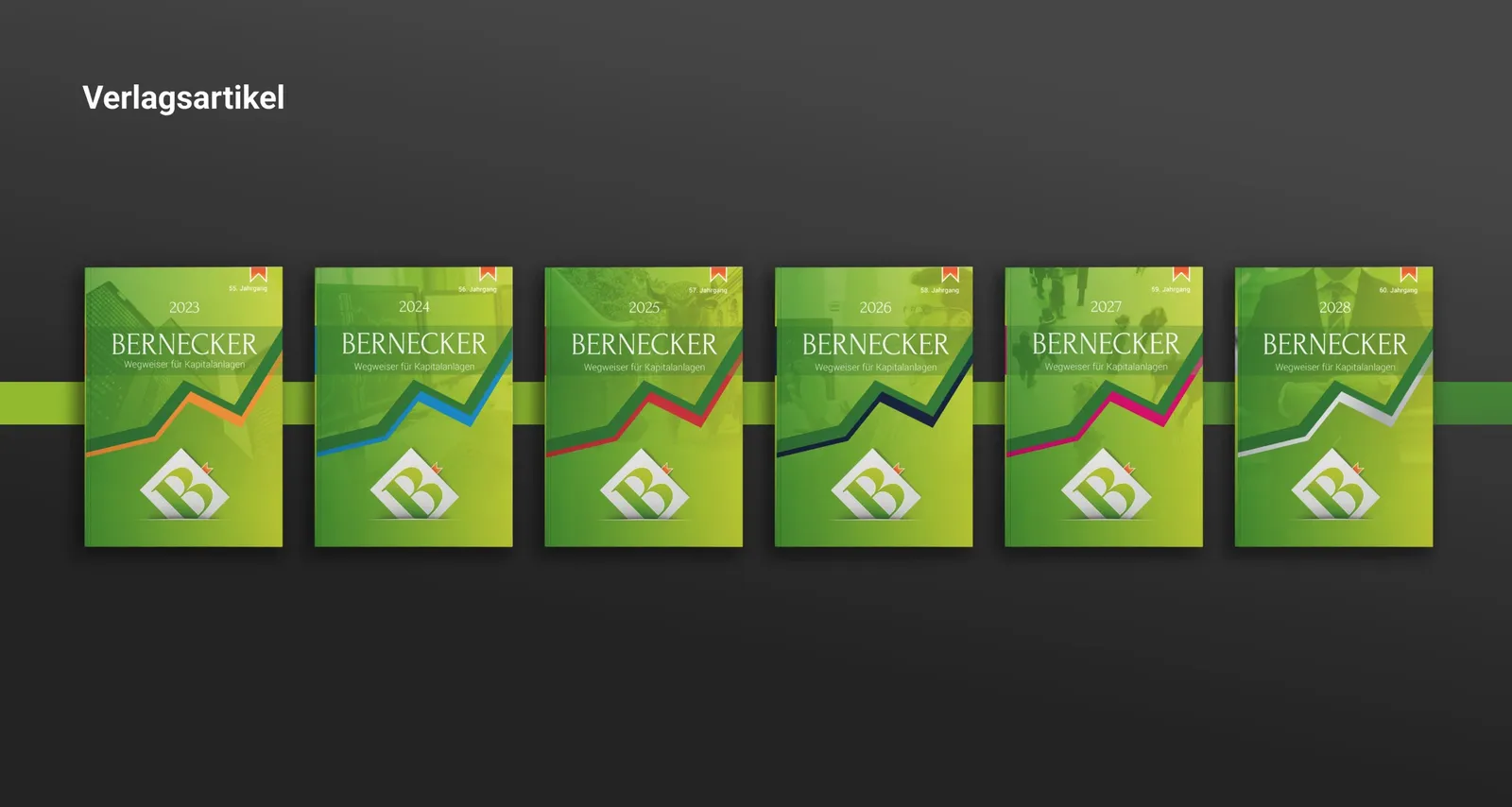 Six annual editions of the Wegweiser side by side, each with a different accent color in the price chart