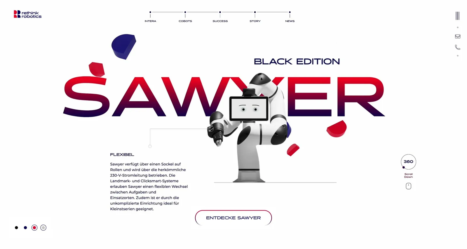 Animation: derselbe Cobot wechselt per Klick zwischen Weiß, Schwarz, Rot und Blau