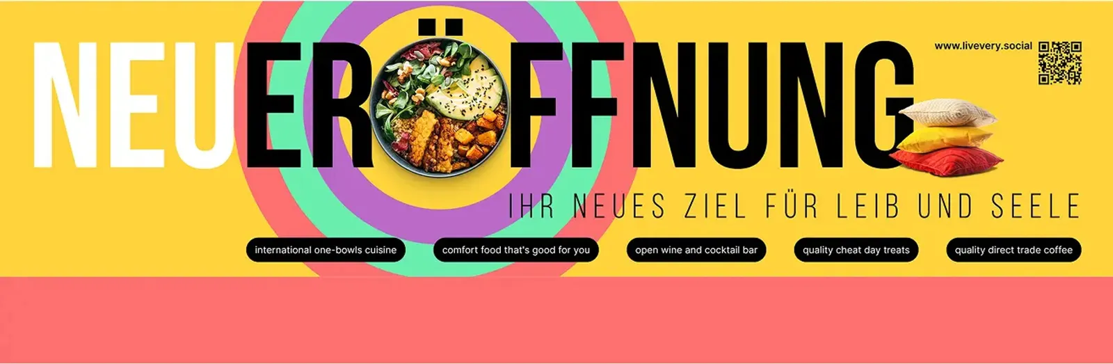 Advertising banner with the word “Neueröffnung” in yellow and red, plus dishes and a QR code