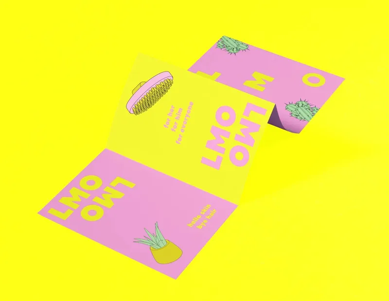 Unfolded flyer in pink and yellow on a yellow background