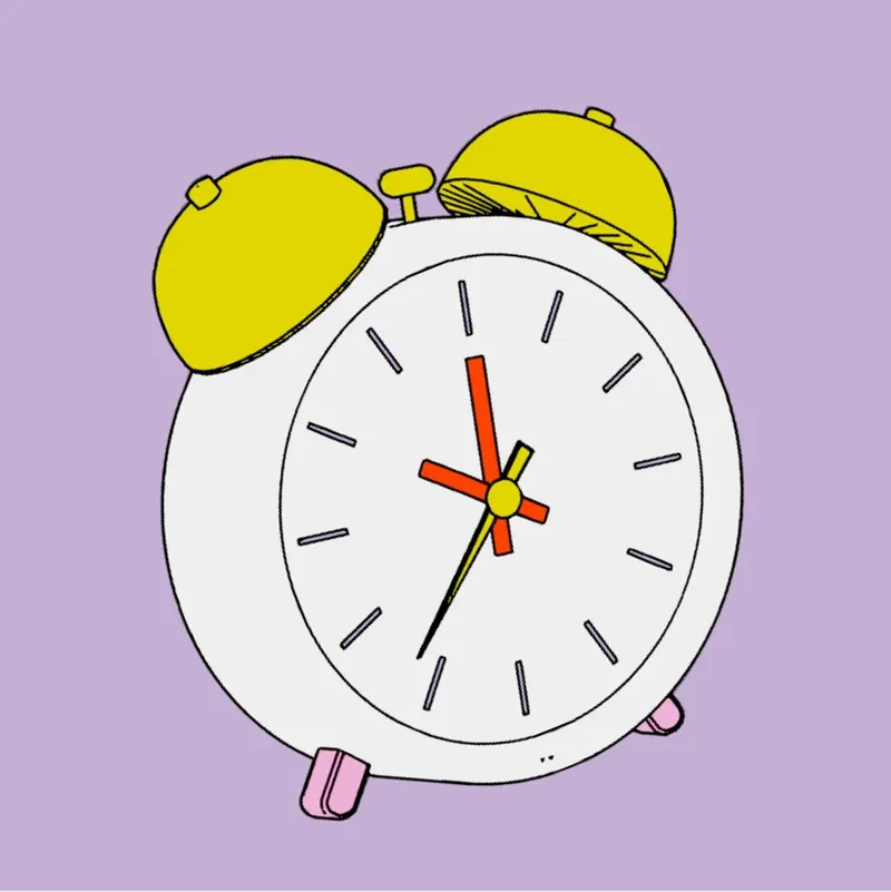 An alarm clock with yellow bells as line art on lilac
