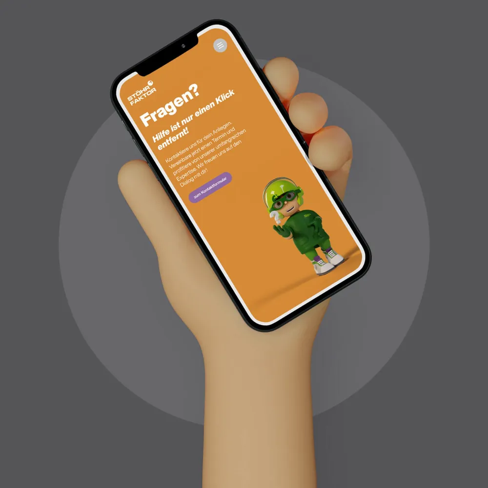 A 3D hand holds a smartphone showing the “Questions?” page