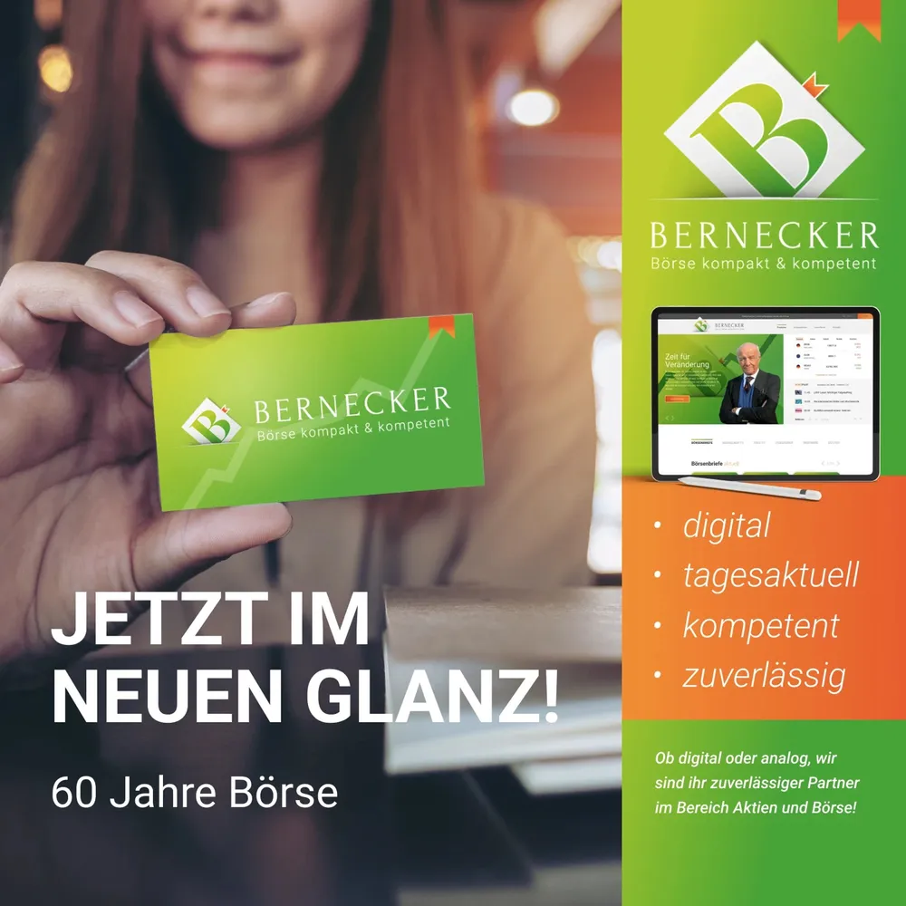 Advertising motif “Now with a new shine — 60 years of the stock market” with the green card in hand