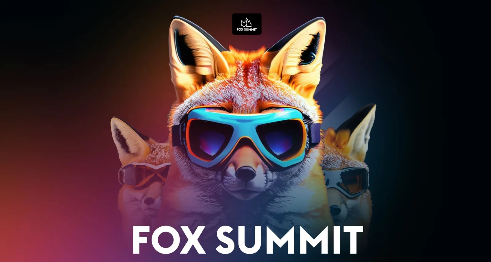 A fox wearing mirrored ski goggles against a dark background, with the FOX SUMMIT lettering below