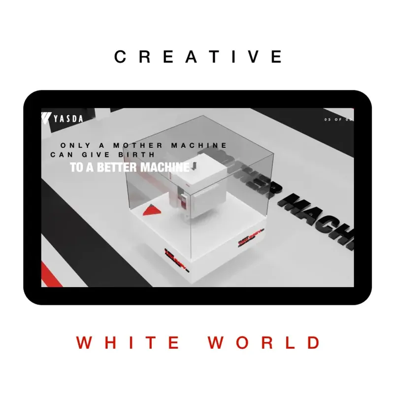 Film still “White World”: the machine in the glass cube on a white background