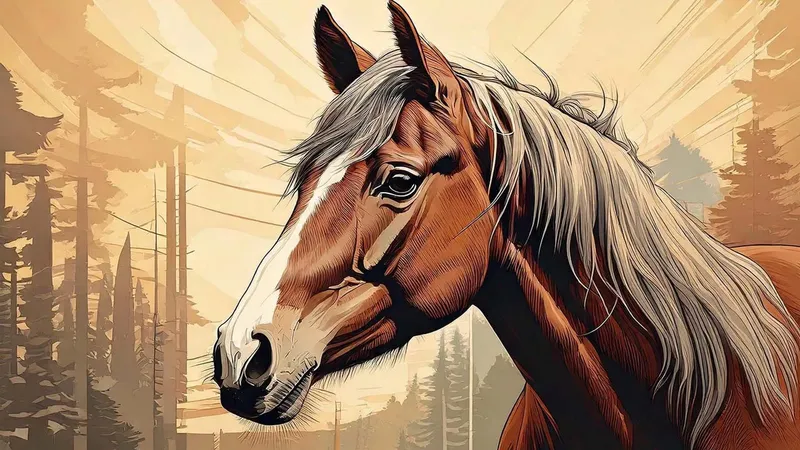 Comic illustration of a horse’s head in front of stylized conifers