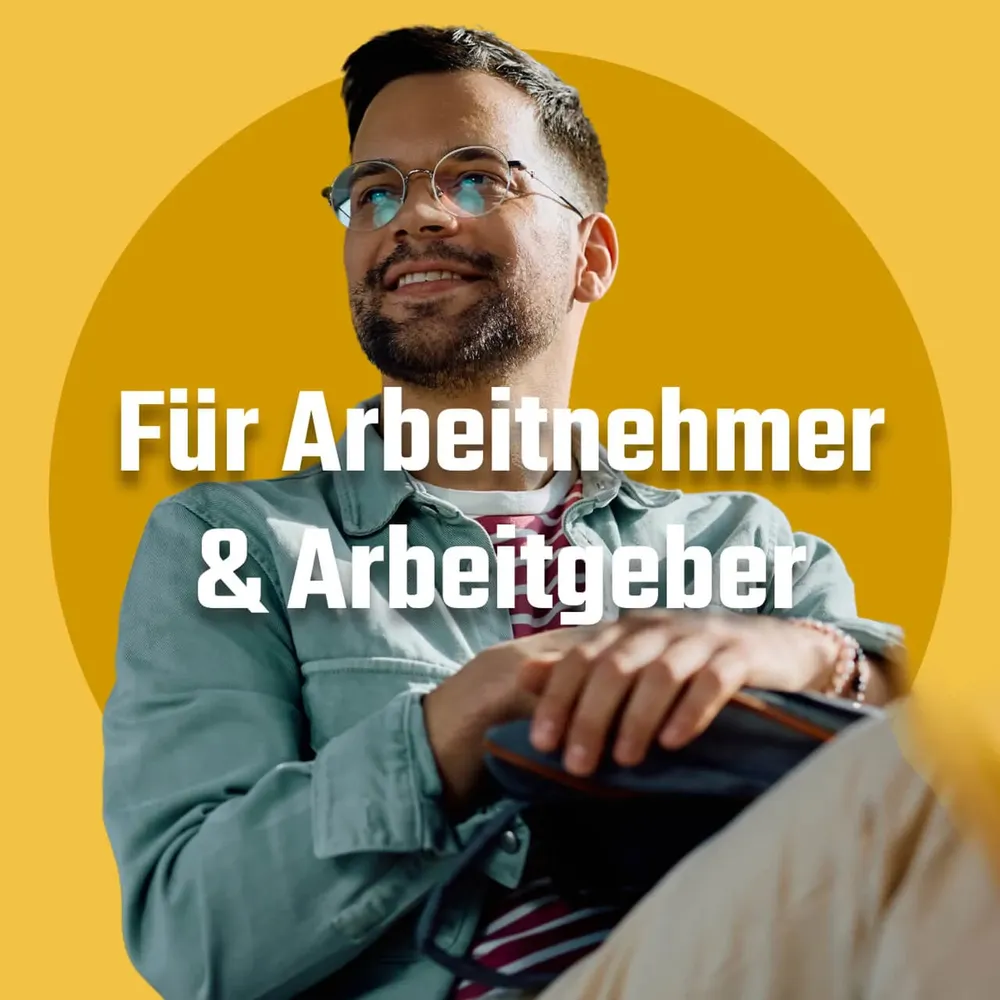 Image “For employees & employers”: a laughing man with glasses on a yellow circle