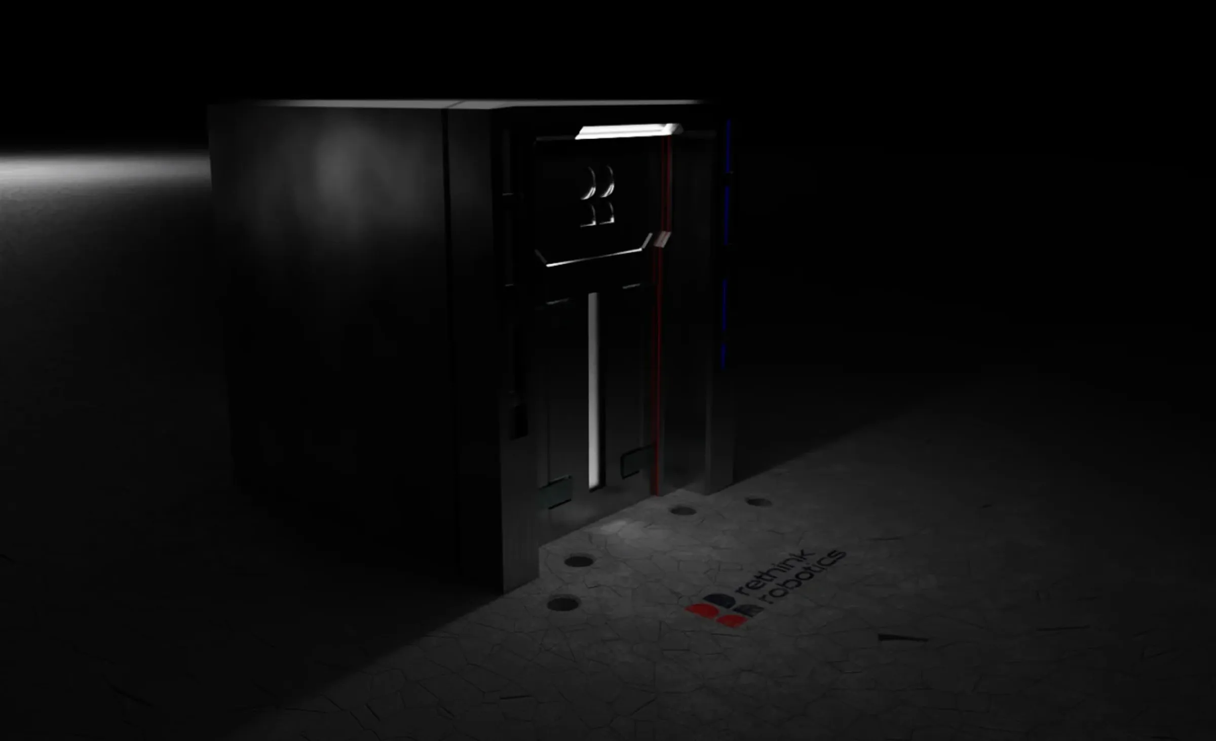 Rendering: eine dunkle Stahlbox mit rot-blauem Lichtspalt
