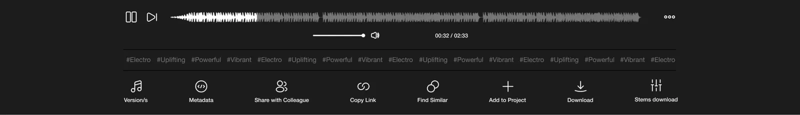 The player bar at full width: soundwave, running time and the tools below it