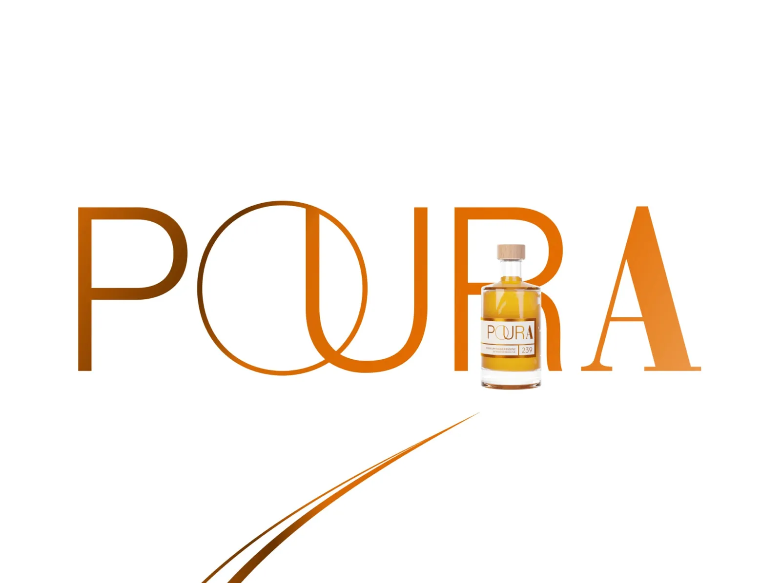 The POURA lettering with the bottle standing in its R, below it a sweeping golden line