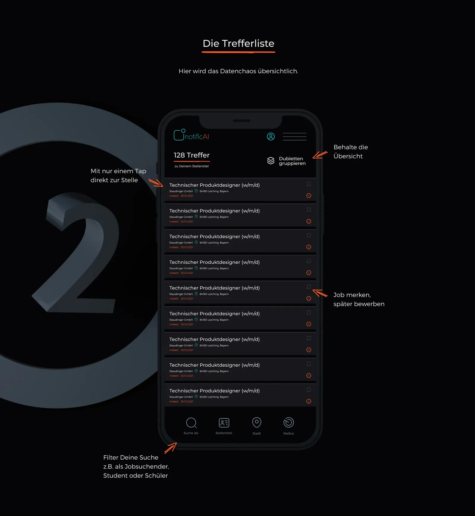 Step two: the results list on the smartphone, explanatory notes all around