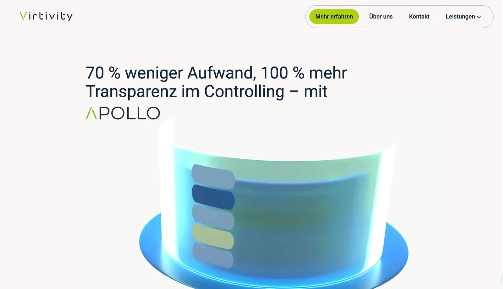 Animated Virtivity home page with the statement “70% less effort, 100% more transparency in controlling” and a rotating 3D chart