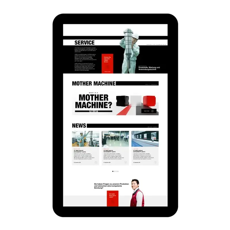 Tablet showing the Service, Mother Machine and News sections of the new site