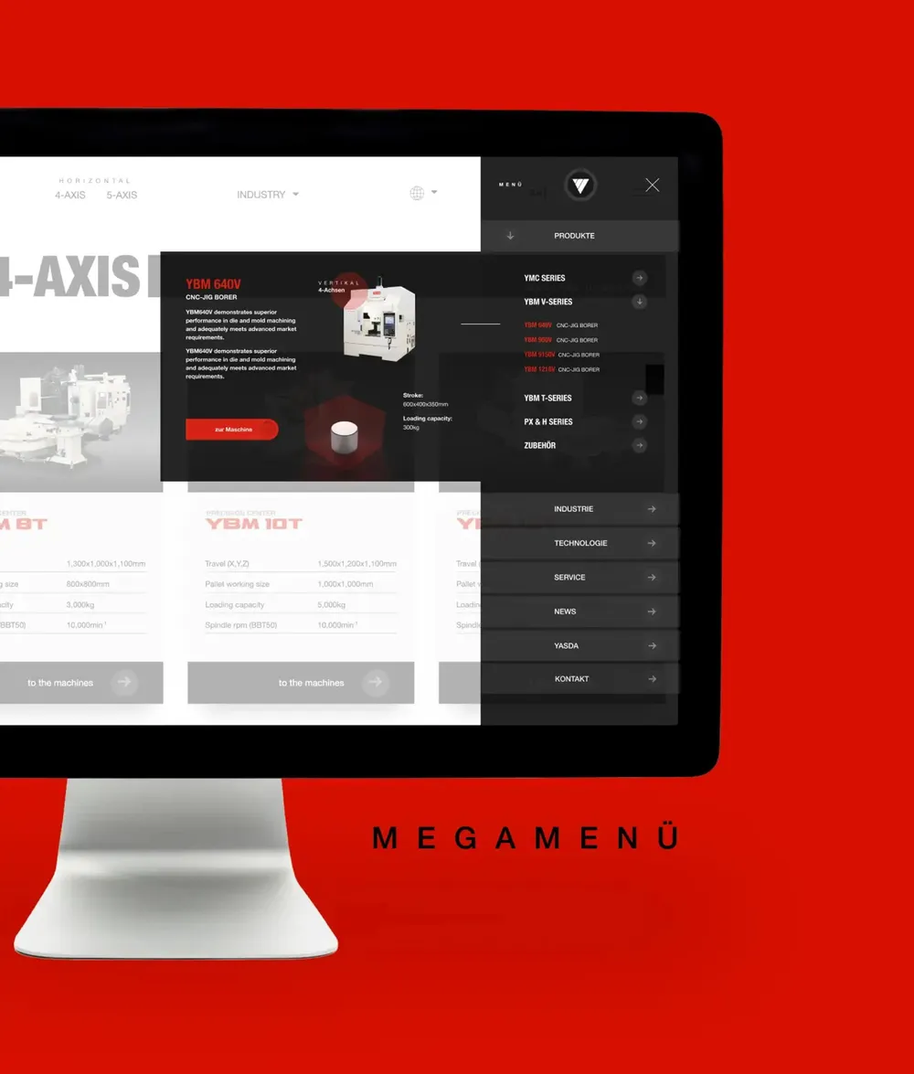 The website’s mega menu, cropped, on a red background
