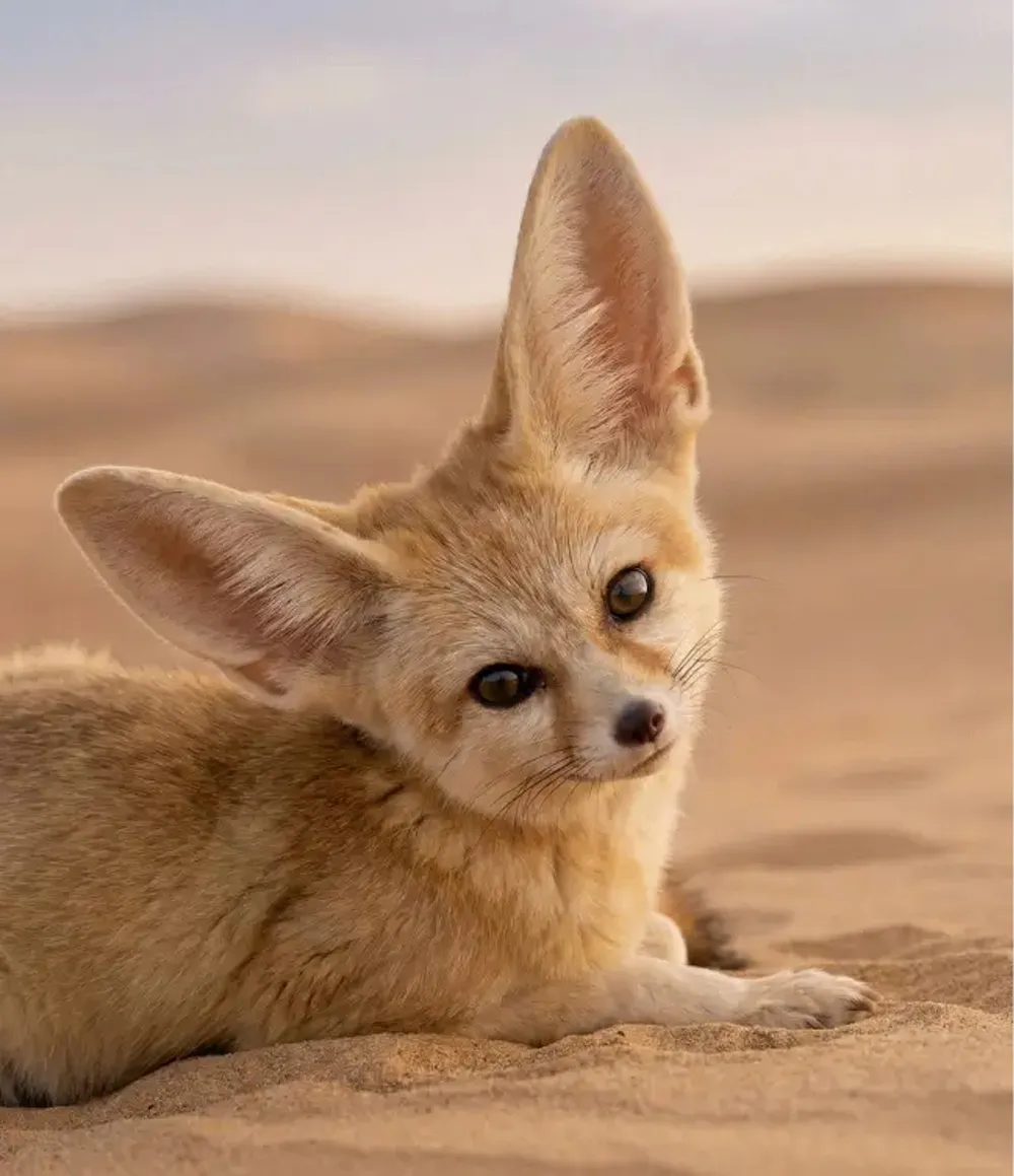 A fennec fox lies in the desert sand, its big ears upright