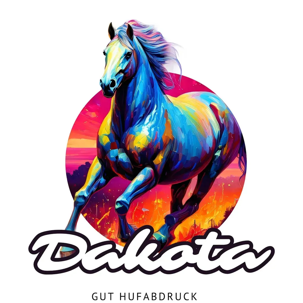 Acrylic portrait “Dakota” as a round sticker in blue and magenta