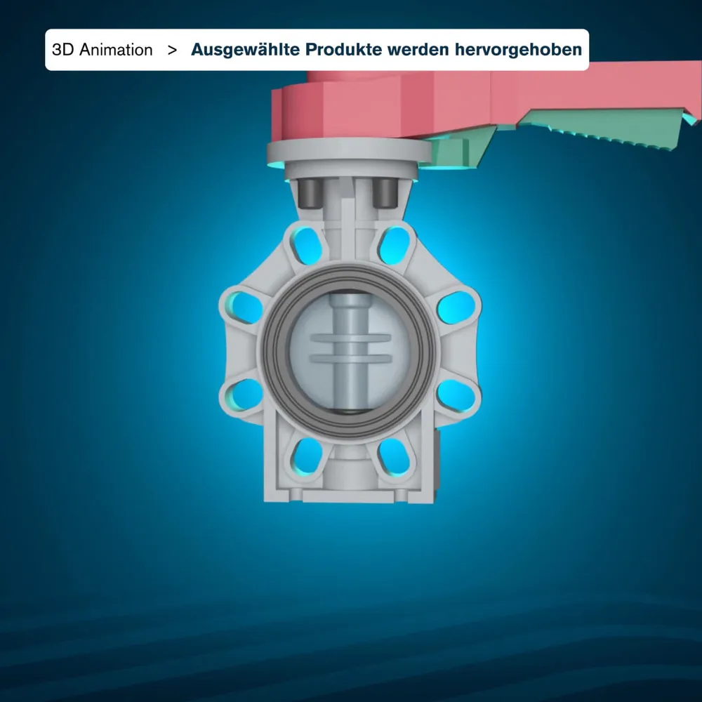 3D view of a butterfly valve with a red lever against a blue background