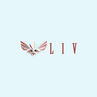 Logo variant for the Liv Dining Club: feather fox mask next to the serif LIV wordmark in red, on light blue