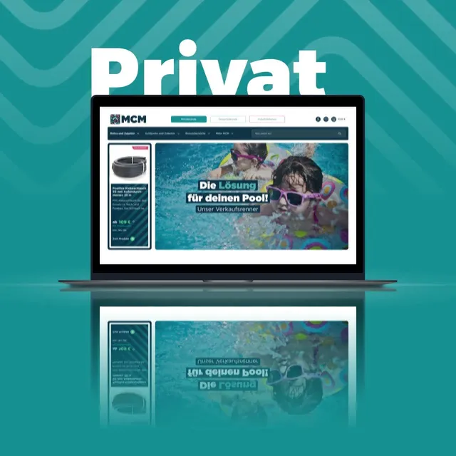 The homepage for private customers on a laptop, in turquoise