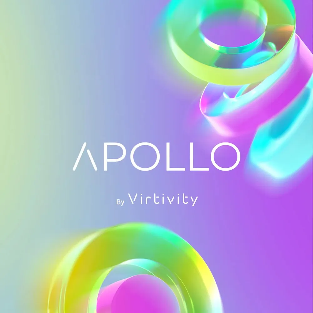 Key visual APOLLO by Virtivity with glass 3D rings on a violet gradient