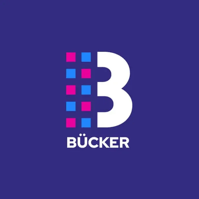 Logo draft: the B with a grid of pink and blue squares — the direction that became the final brand