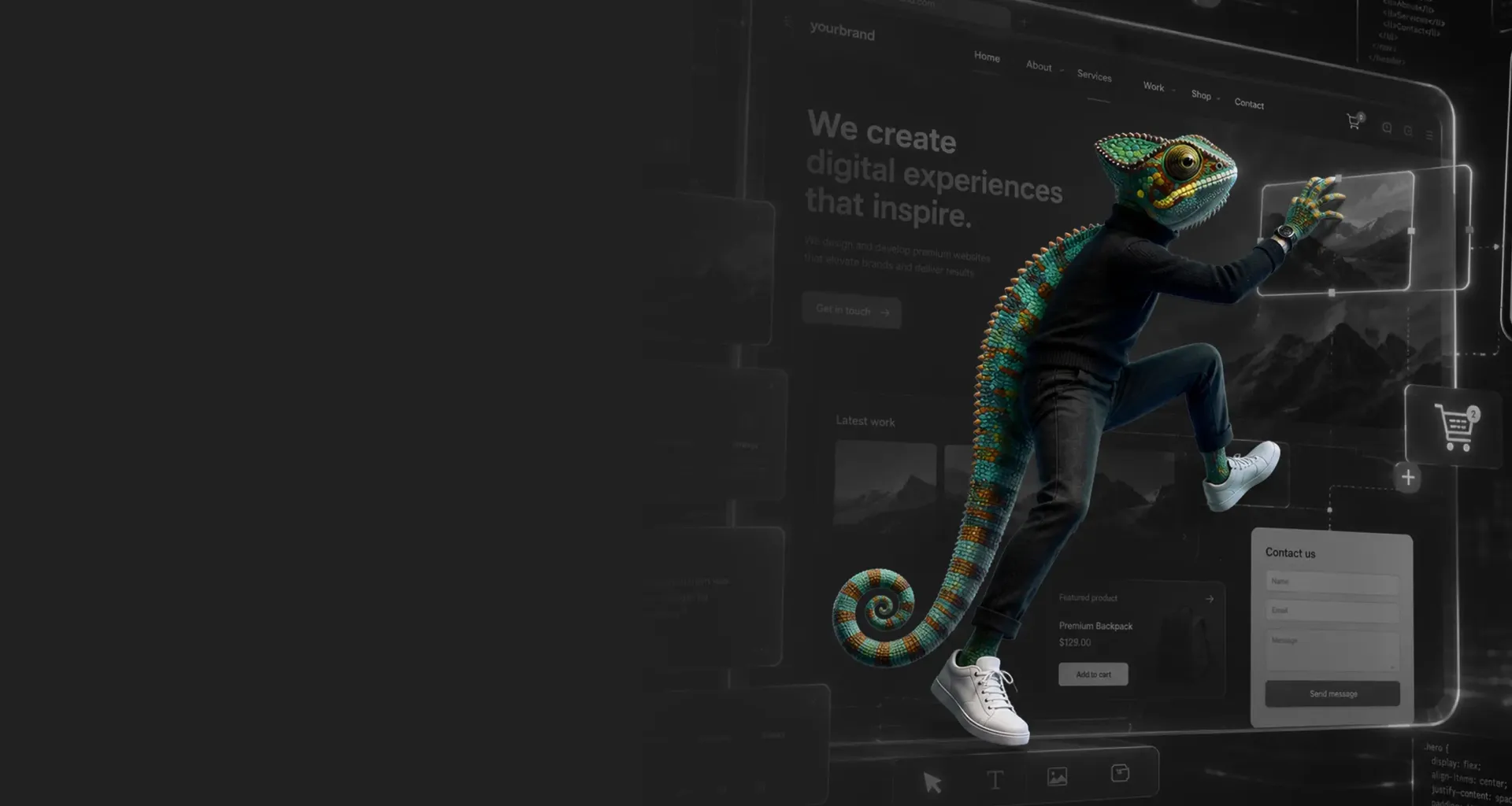 WAGEMUT chameleon leaping through a website layout with hero, form and cart icon