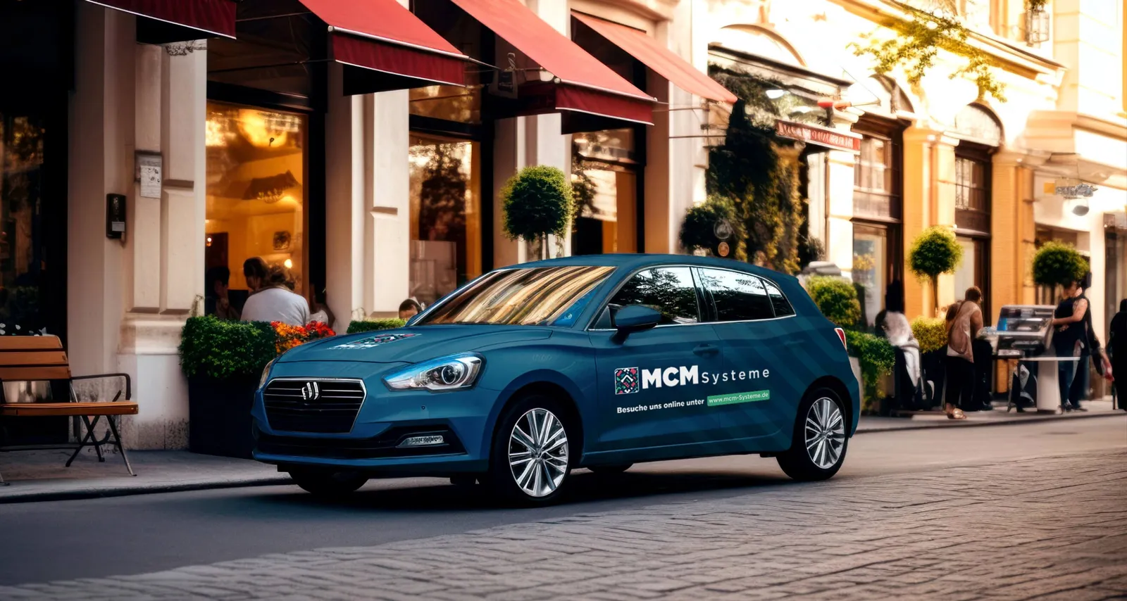 Compact car in teal with MCM graphics in an old town alley