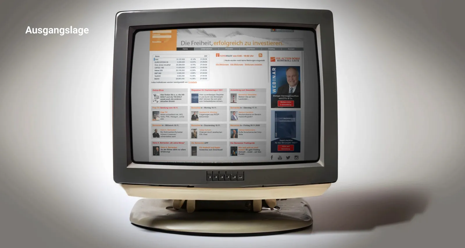 The old Bernecker website on a CRT monitor, next to it the word “Starting point”