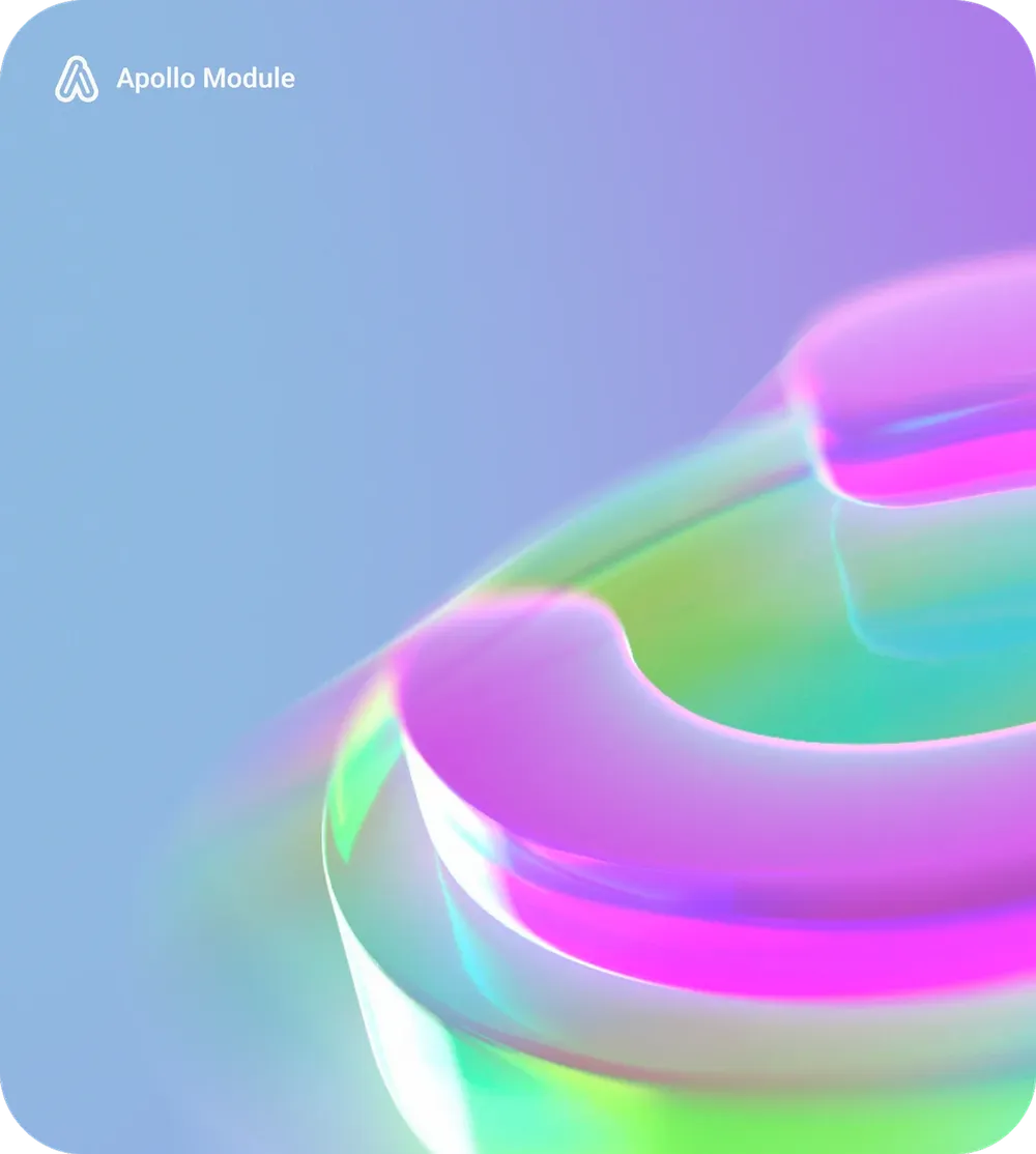 Image block with a blurred 3D shape in pink and green, the Apollo Module brand at the top left