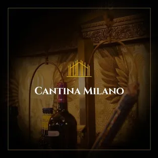 Wine bottles in front of a golden wall painting, darkened, with the logo on top