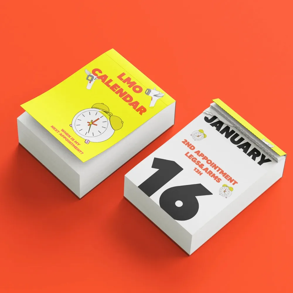 Tear-off calendar “LMO Calendar” in yellow and white on a red background