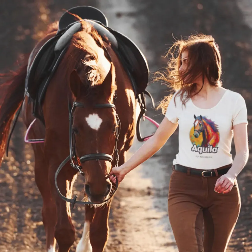 Rider leading her horse by the reins, in a T-shirt with the “Aquila” design