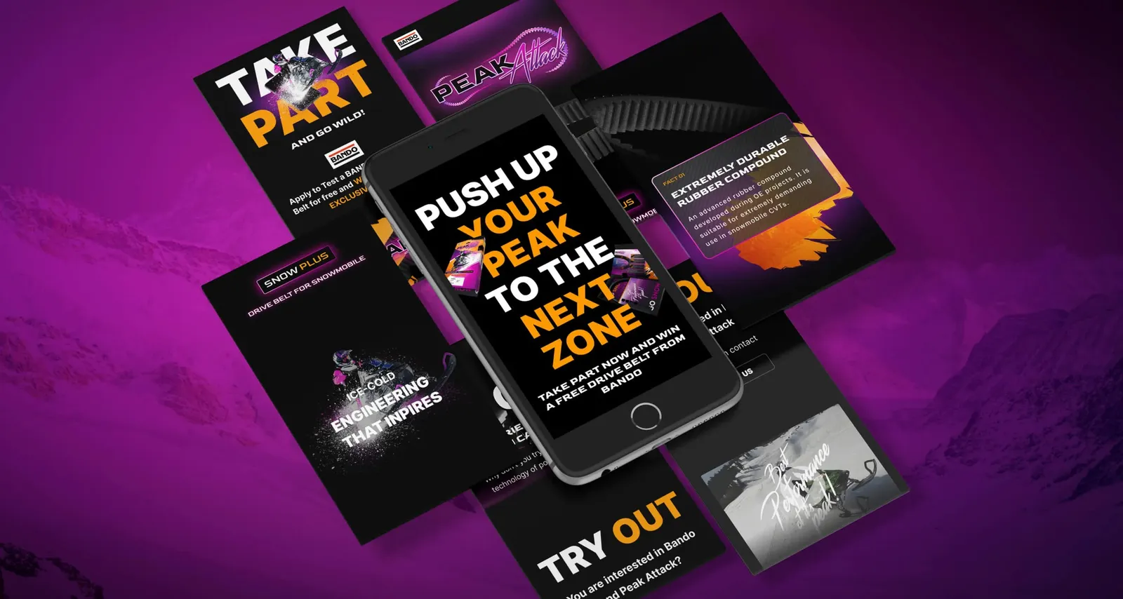 Several campaign visuals and phone views side by side against a magenta background