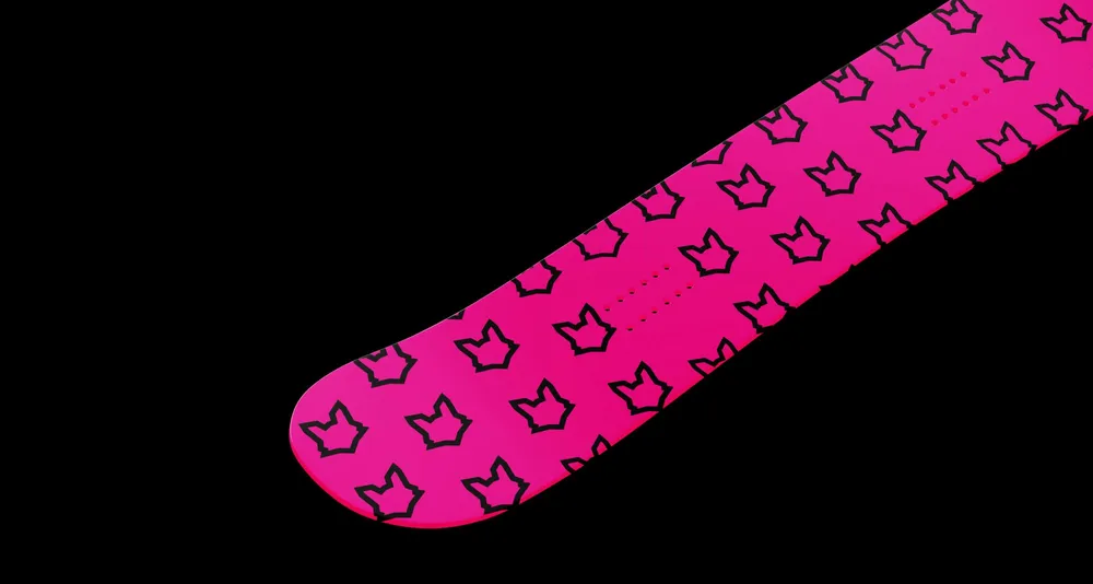 Snowboard in magenta with an all-over fox head pattern