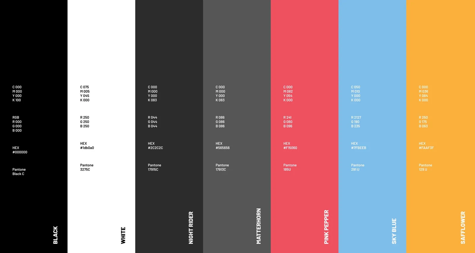 The color palette as stripes: black, white, two grays, red, blue and yellow with values