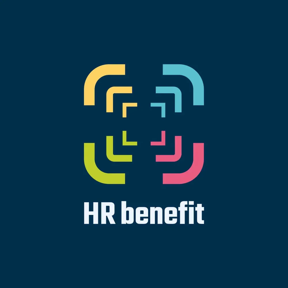 Symbol above the “HR benefit” wordmark, white on a dark blue background